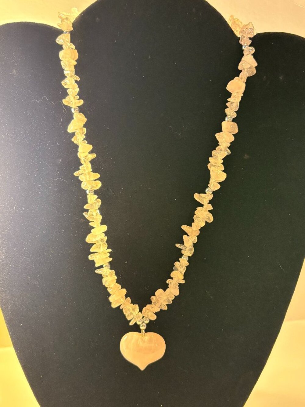 Rose & White Quartz Chip Bead & Gold Bead Necklace w/ Rose Quartz Puffy Heart